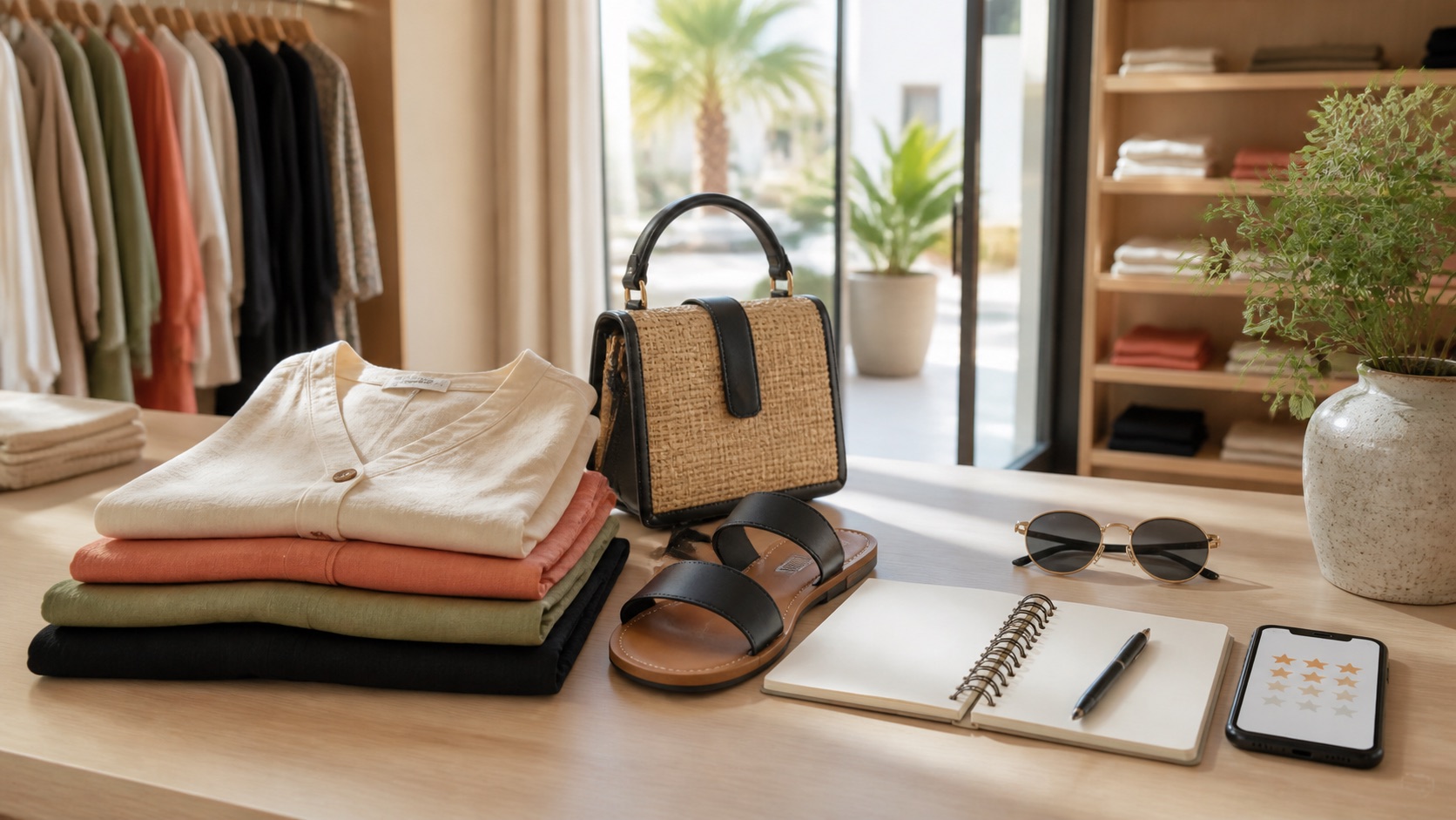 Ropa ligera, bolso, sandalias y libreta en una boutique luminosa para revisar opiniones antes de comprar