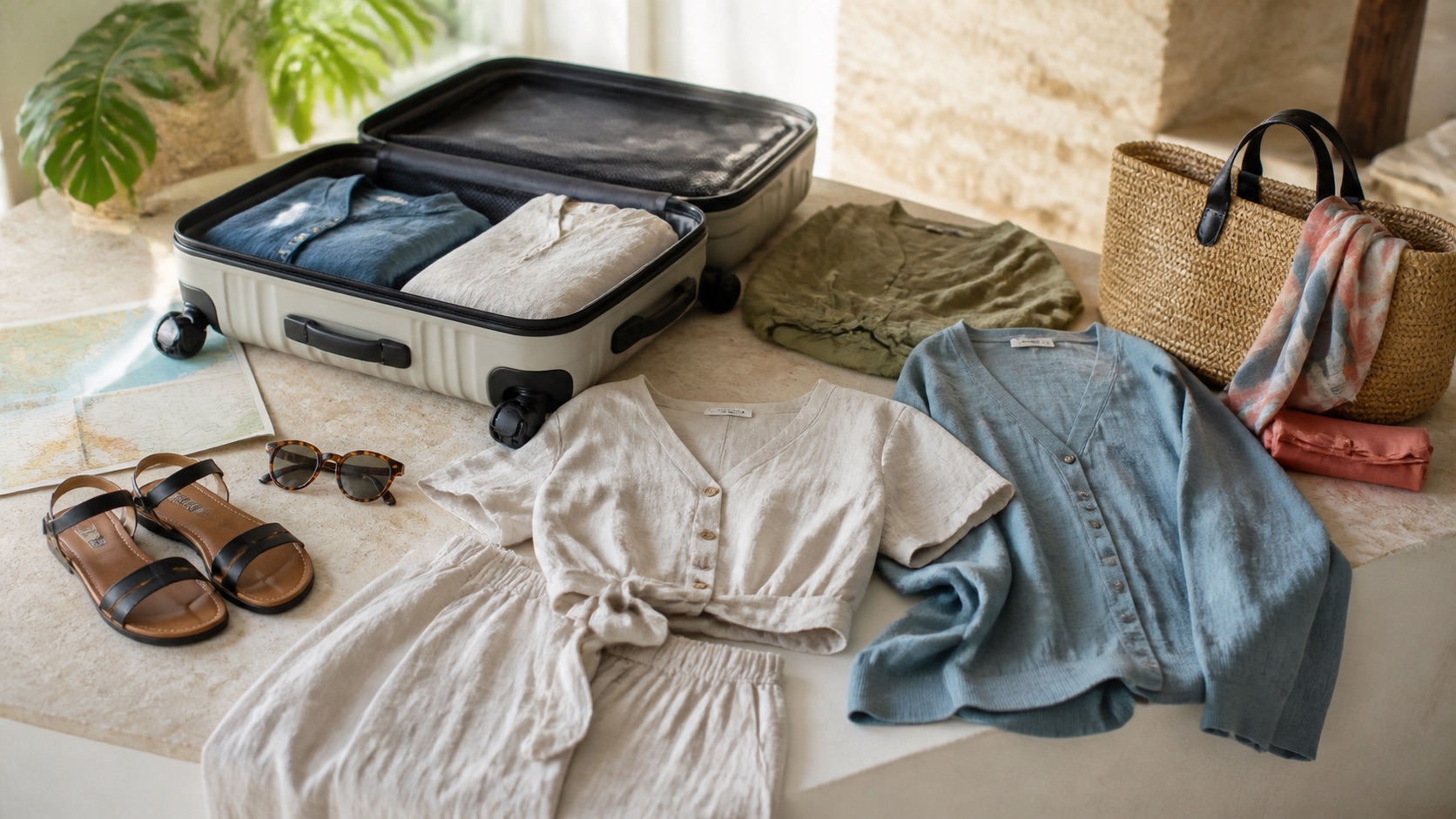 Conjuntos de mujer para viajar a Canarias con maleta, lino, cardigan, sandalias y bolso de rafia