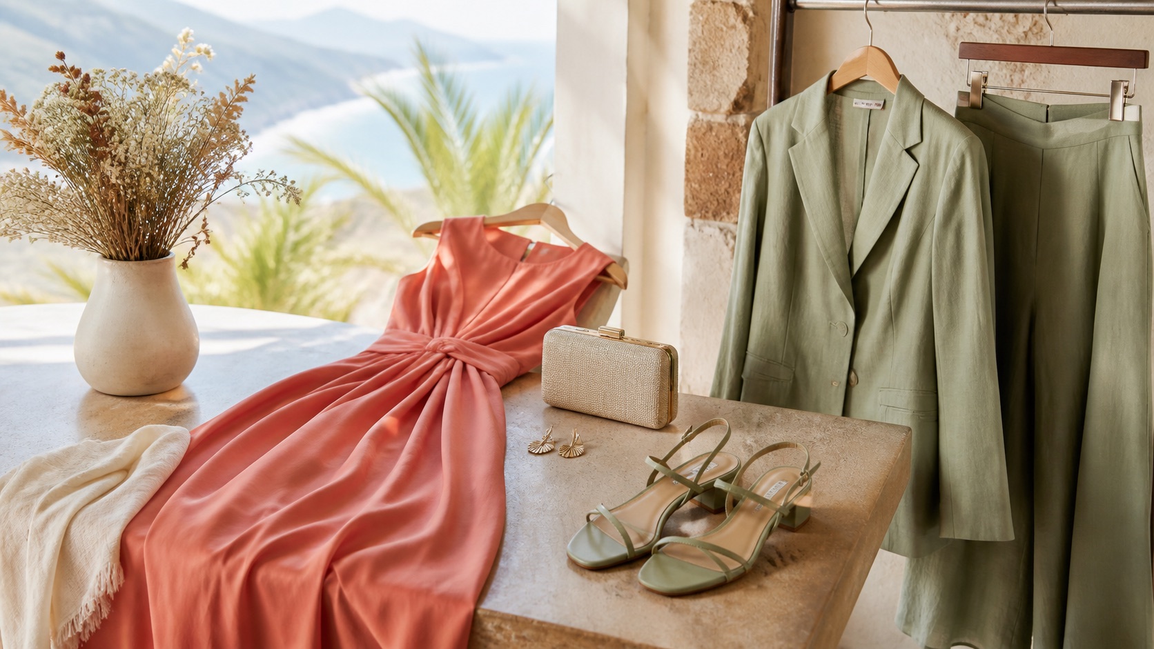 Vestido coral, conjunto verde, sandalias, bolso y chal preparados para una boda en Canarias