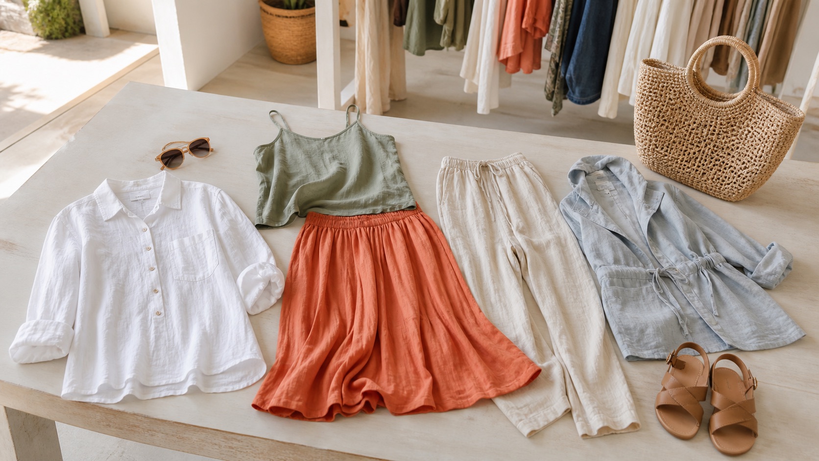 Prendas ligeras para Fuerteventura con camisa de lino, falda fluida, pantalon claro, sandalias y bolso de rafia