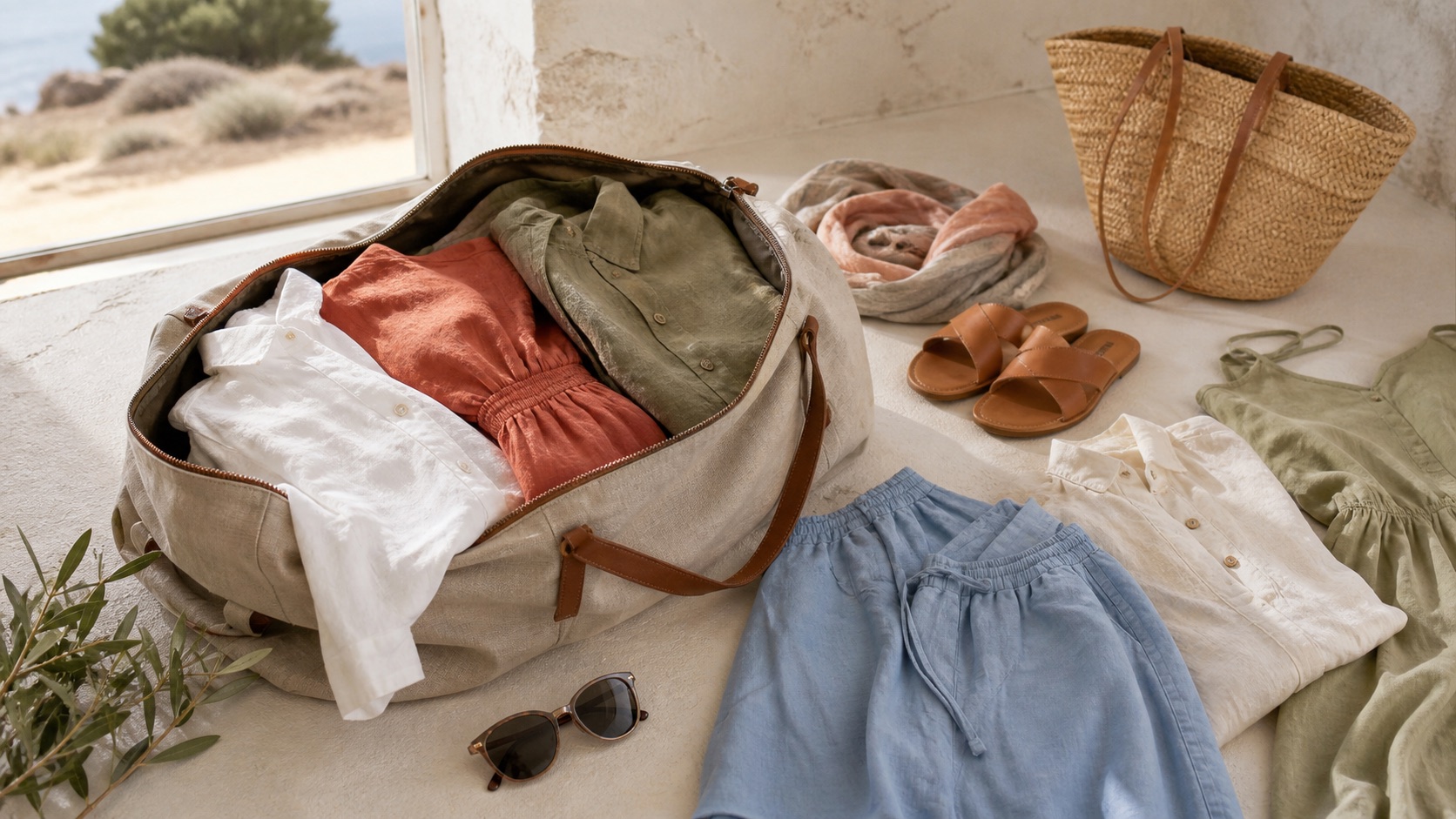 Bolsa de viaje con camisa de lino, vestido, pantalon fluido, sandalias, gafas de sol y bolso de rafia para Fuerteventura