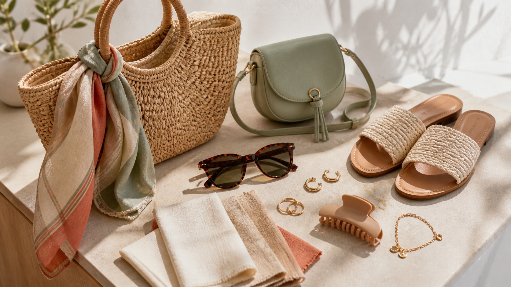 Complementos de moda para Fuerteventura con bolso de rafia, panuelo, gafas, sandalias y bisuteria sobre mesa luminosa