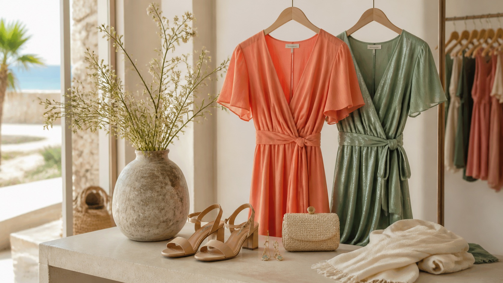 Vestidos de invitada en Fuerteventura con sandalias, bolso y chal para eventos
